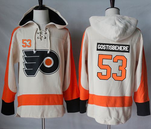 Flyers #53 Shayne Gostisbehere Cream Sawyer Hooded Sweatshirt Stitched NHL Jersey - Click Image to Close